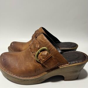 Born Women's Emme Mules Brown Leather Clogs Heel Slide Shoe Braided Strap 10M